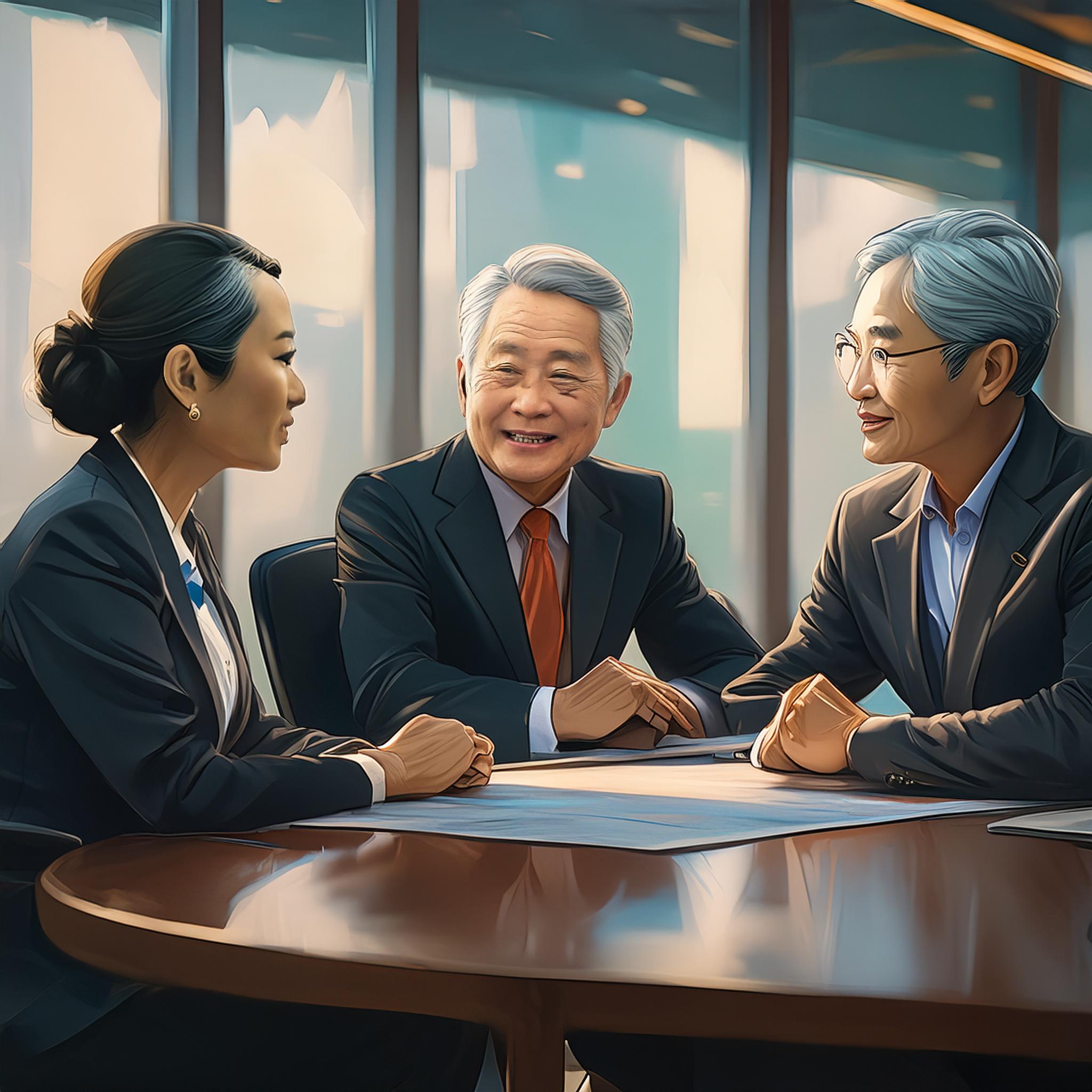 Firefly 3 mature and successful business professionals talking around board room table, male and fem (1)